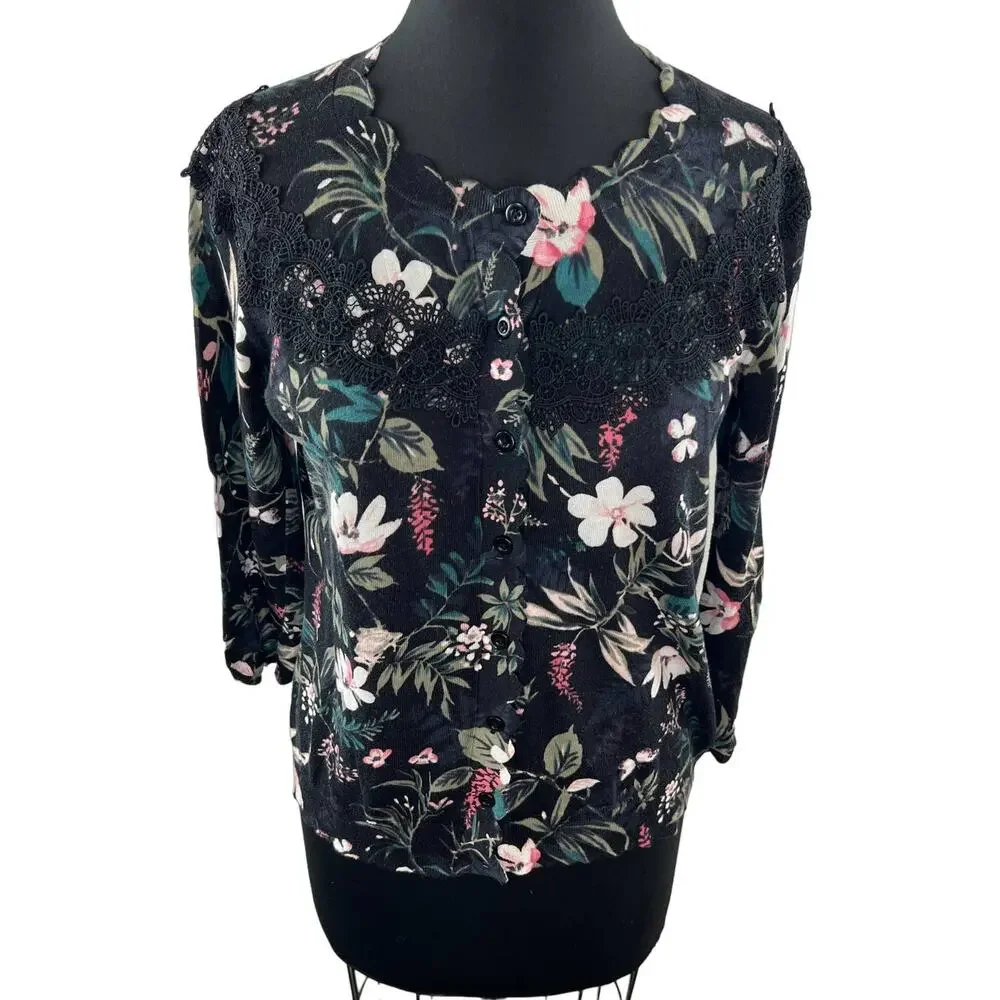 KATE SPADE Botanical Pima Cotton 3/4 Sleeve Lace Accent Knit Cardigan Size S